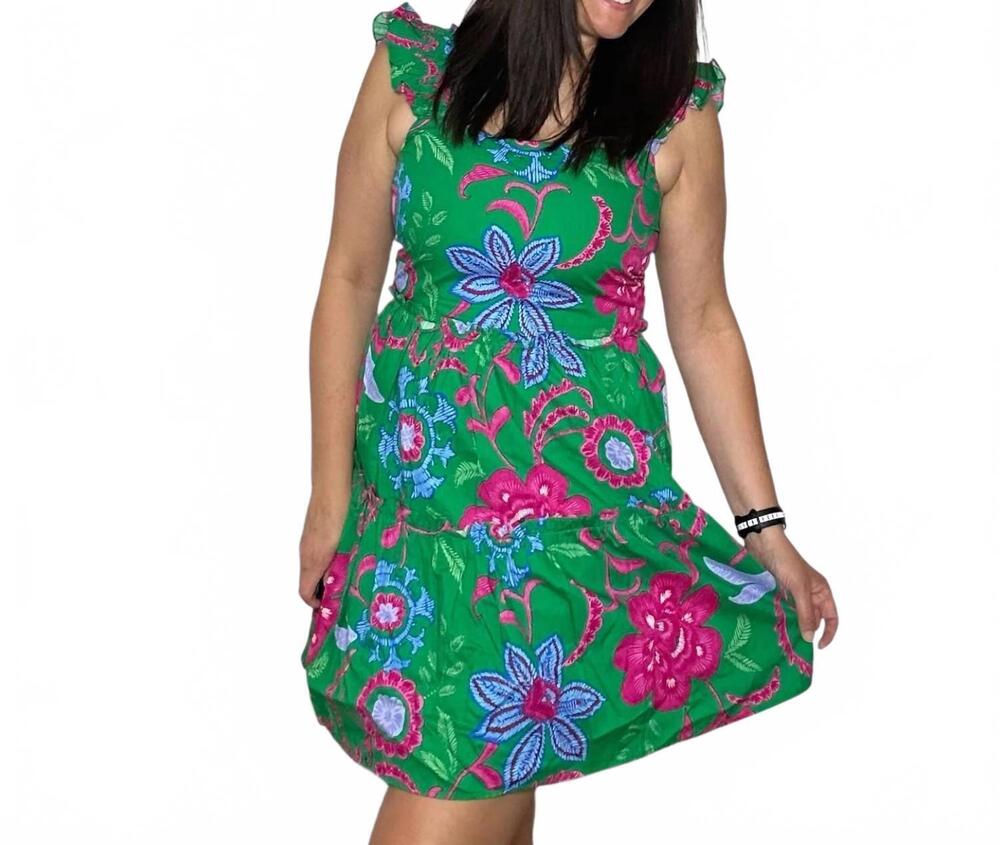 NEW SUGARLIPS women's cabina floral ruffle tiered mini dress in blue-pink-multi